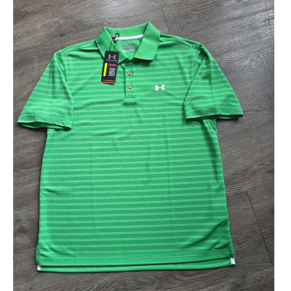 New Under Armour Polo Shirt Mens Large Green HeatGear Striped Loose Fit Golf